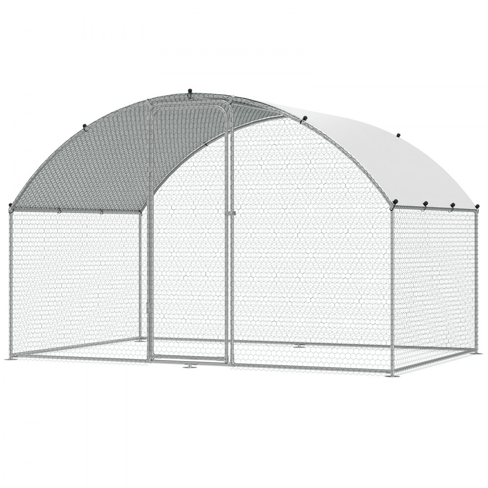 metal VEVOR chicken coop with white roof cover and secure wire mesh fencing.