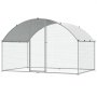 metal VEVOR chicken coop with white roof cover and secure wire mesh fencing.