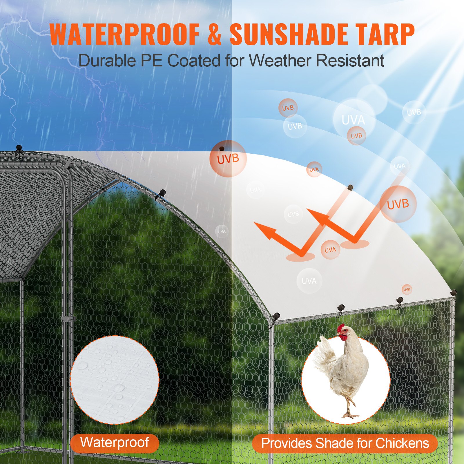VEVOR chicken coop with waterproof and sunshade tarp, uv protection, and durable pe coating.