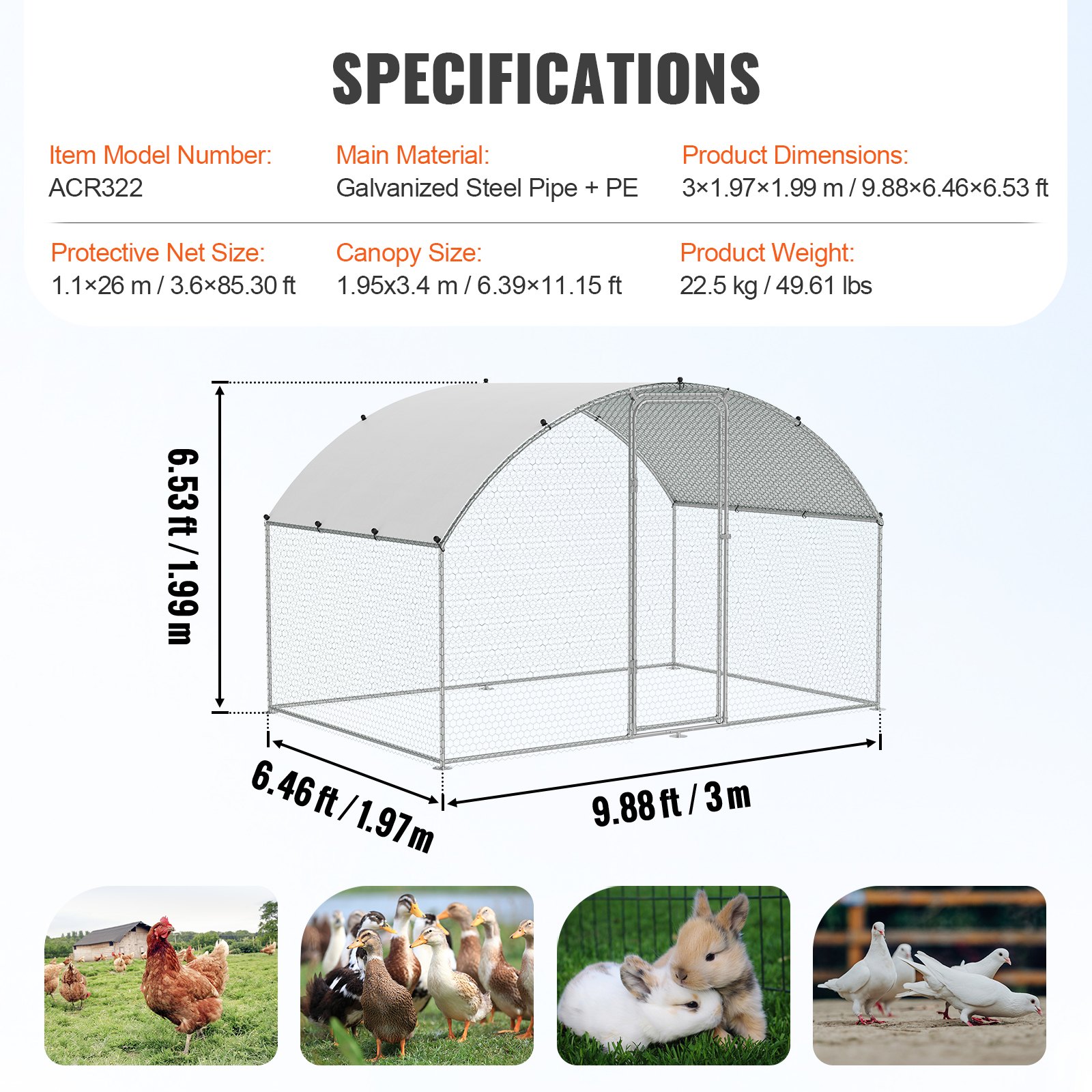VEVOR chicken coop dimensions, materials (galvanized steel, pe), and images of animals (chickens, ducks, rabbits, pigeons).