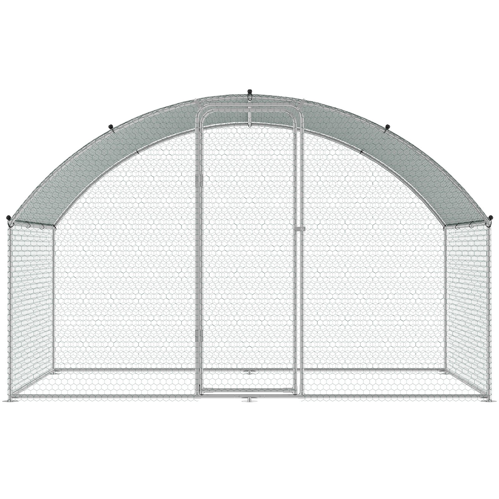 VEVOR chicken coop with arched roof and metal frame covered in wire mesh for outdoor use.