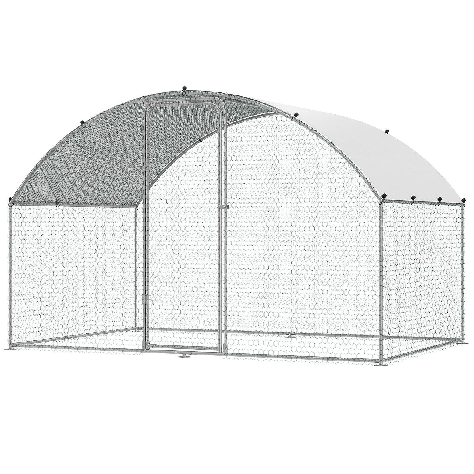 metal VEVOR chicken coop with white roof cover and secure wire mesh fencing.