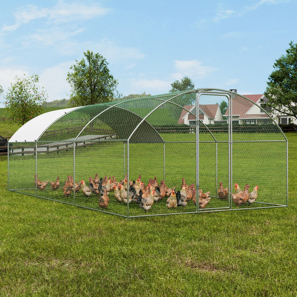 VEVOR chicken coop housing multiple chickens in a large green field with a farmhouse in the background.