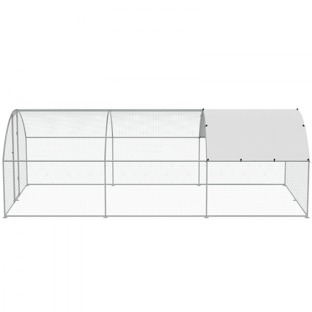VEVOR chicken coop, large metallic enclosure with arched roof and partial white canopy.