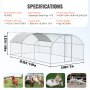 VEVOR chicken coop specifications with dimensions, material, net size, canopy size, and images of animals.