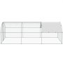 VEVOR chicken coop, large metallic enclosure with arched roof and partial white canopy.