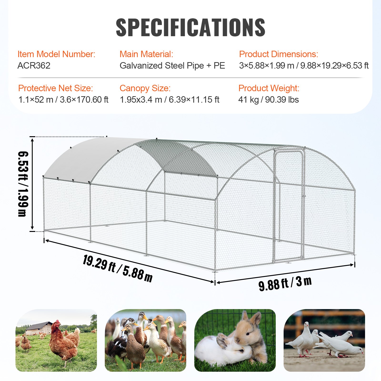 VEVOR chicken coop specifications with dimensions, material, net size, canopy size, and images of animals.