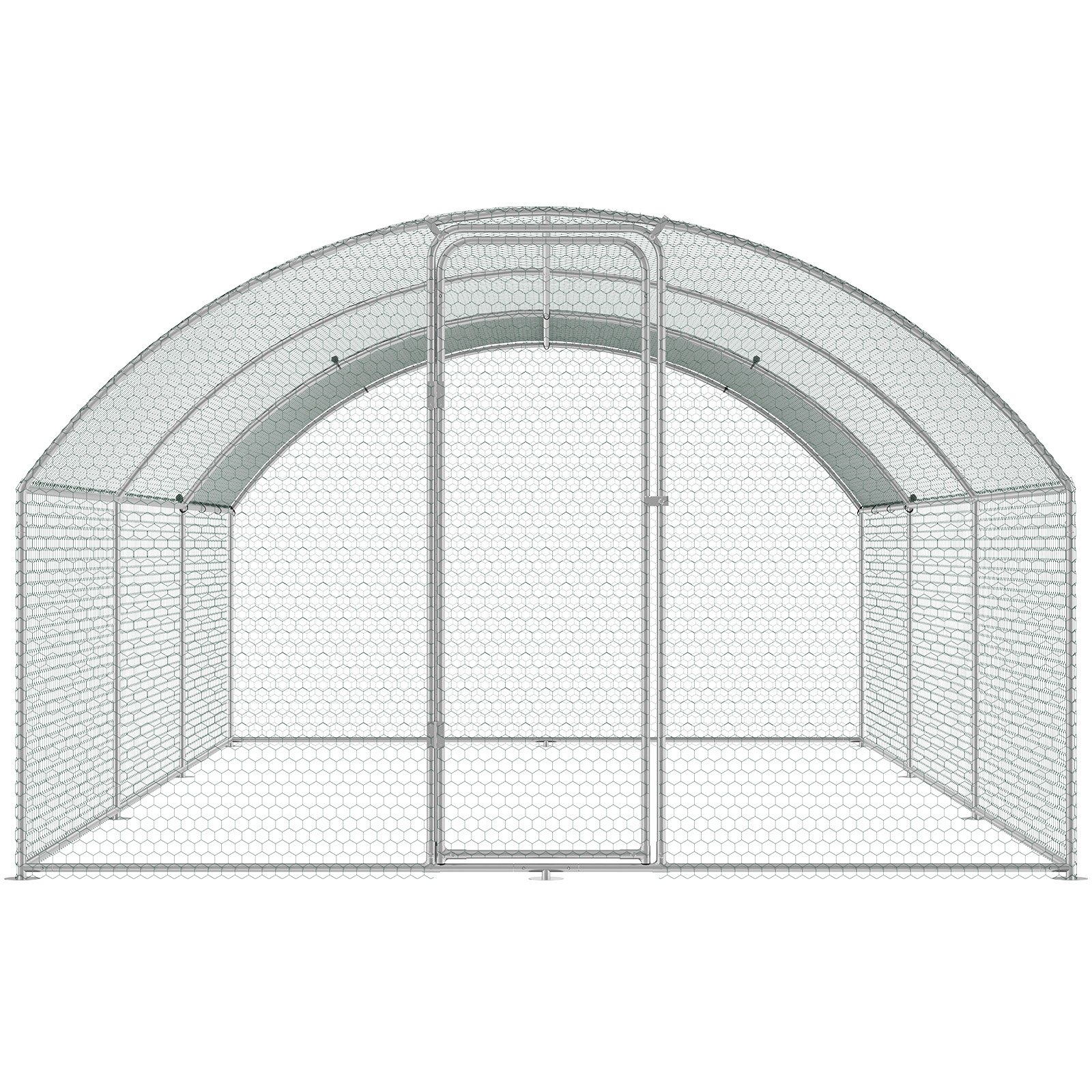 metal wireframe VEVOR chicken coop featuring a curved roof and single front door.