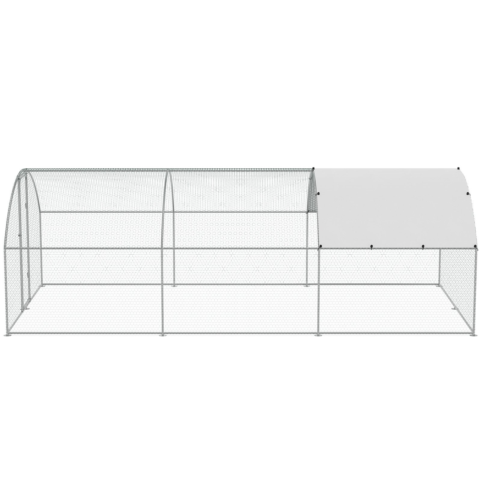 VEVOR chicken coop, large metallic enclosure with arched roof and partial white canopy.