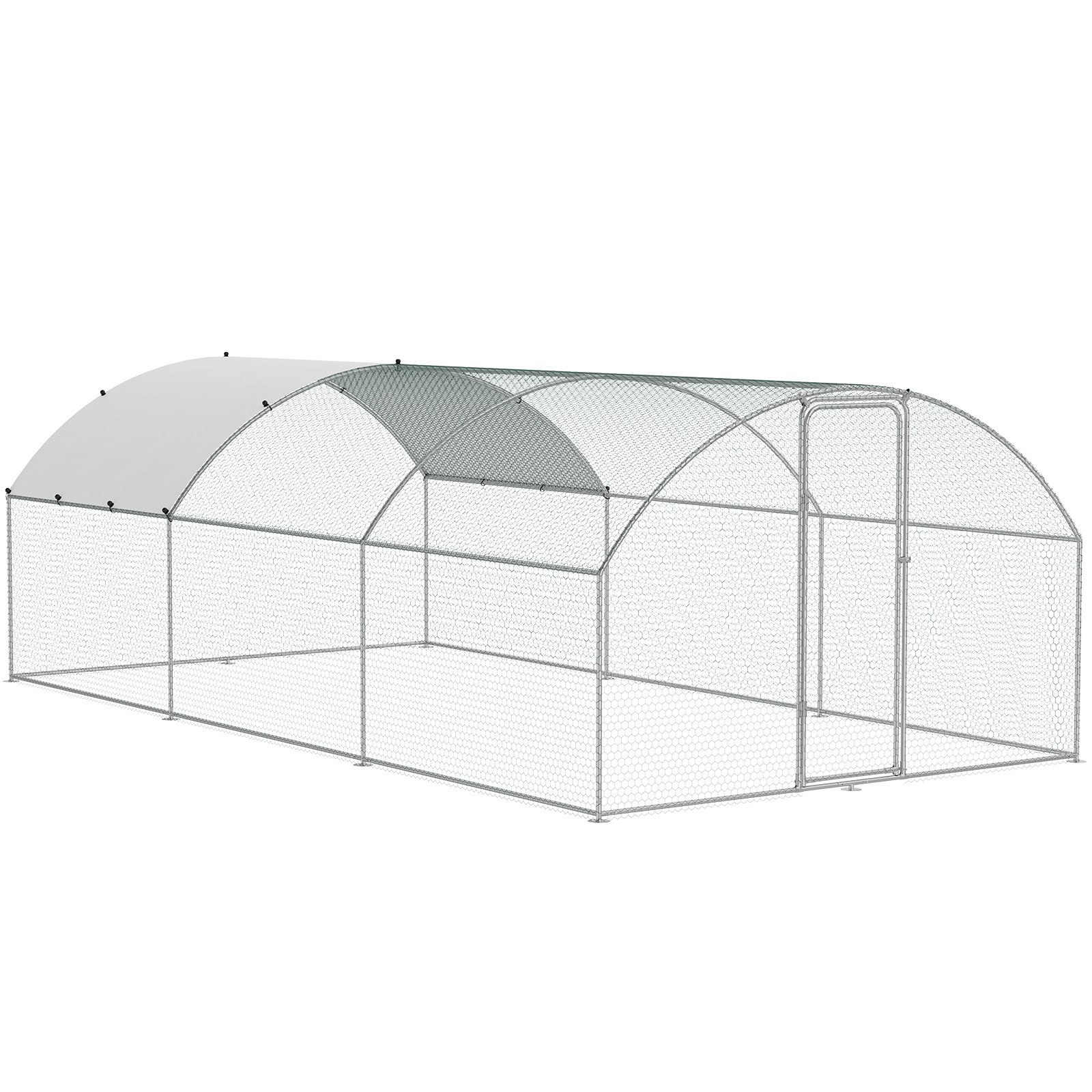 VEVOR chicken coop with metal frame, wire mesh walls, and a curved roof panel covering.