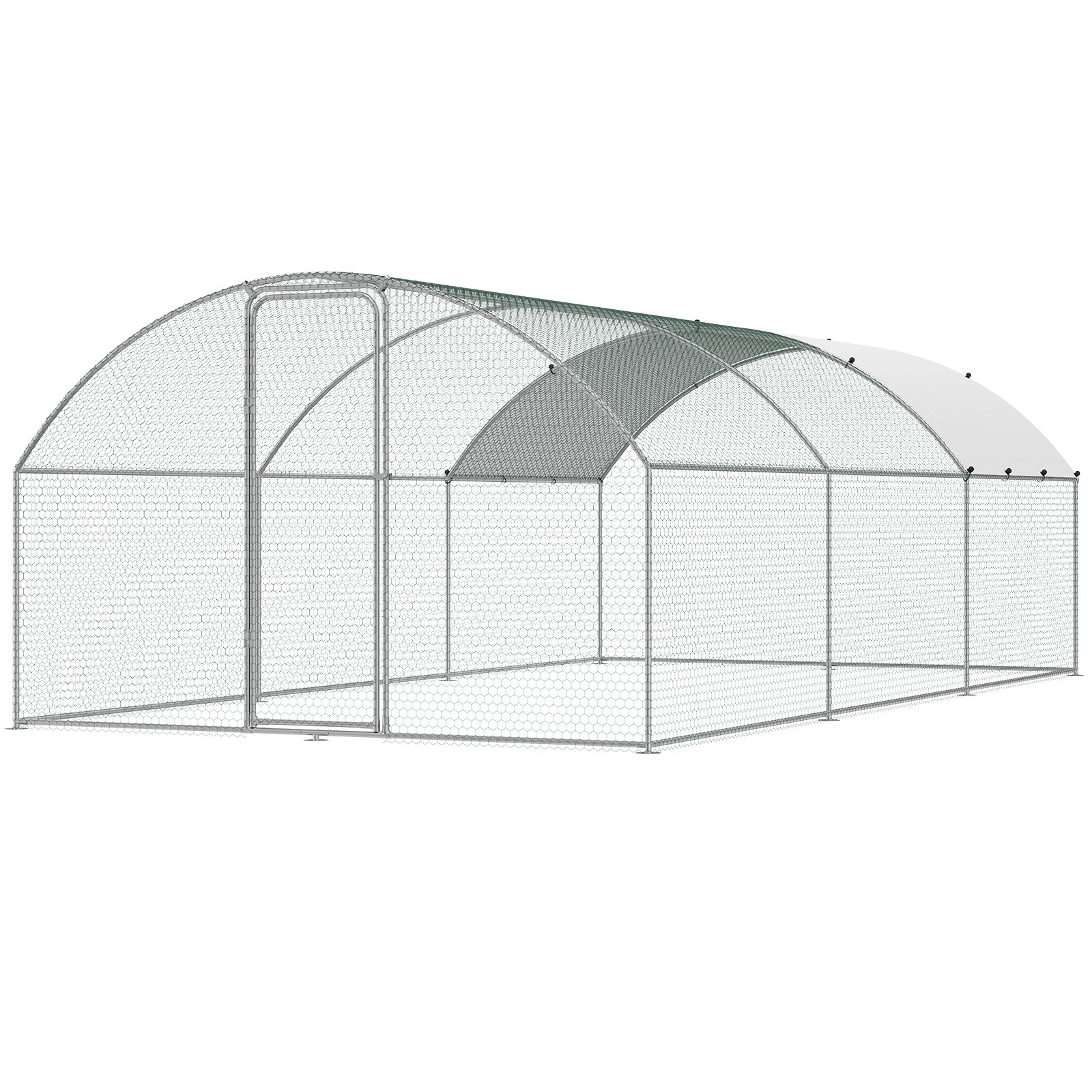 VEVOR chicken coop with metal frame, wire mesh, and arched roof for outdoor poultry housing.