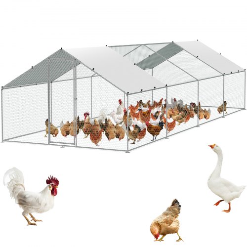 VEVOR Large Metal Chicken Coop with Run, 9.8x25.6x6.5 ft Walk-in Chicken Runs for Yard with Cover, Spire Roof Hen House with Security Lock for Outdoor and Backyard, Farm, Duck Rabbit Cage Poultry Pen