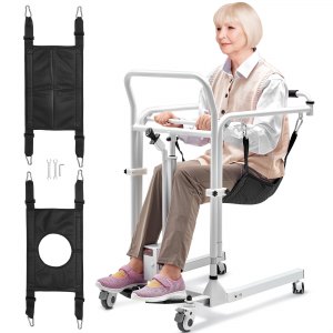 VEVOR Electric Patient Lift Transfer Chair, Quick-Folding Patient Lift Wheelchair with Adjustable Height, Bedside Commode Toilet Chair with Wheels & 2 Seat Cushion for Senior Disabled, 220LBS Capacity | VEVOR US