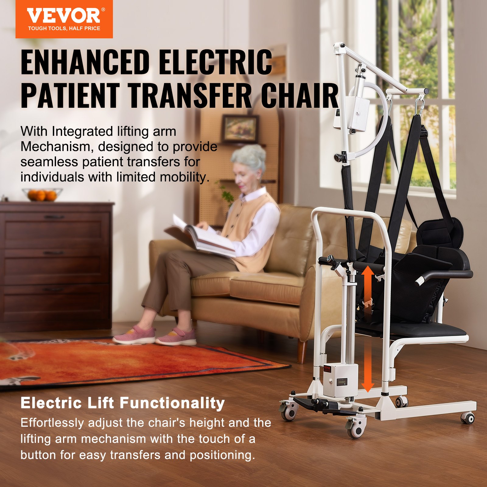 VEVOR Electric Patient Lift Transfer Chair, Electric Lift Wheelchair with Sling & Adjustable Height, Bedside Commode Shower Chair with 180° Split Seat and Bedpan for Seniors Disabled, 220LBS Capacity