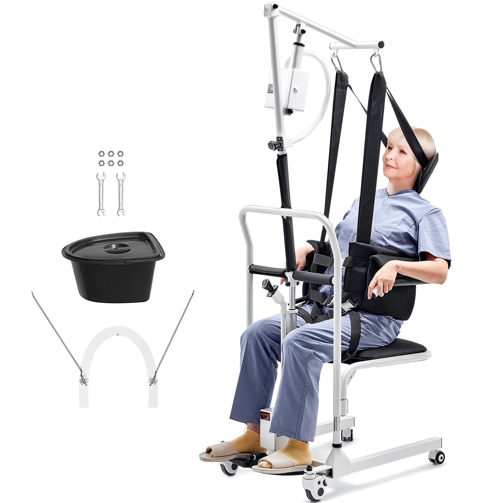 VEVOR Electric Patient Lift Transfer Chair, Electric Lift Wheelchair with Sling & Adjustable Height, Bedside Commode Shower Chair with 180° Split Seat and Bedpan for Seniors Disabled, 220LBS Capacity