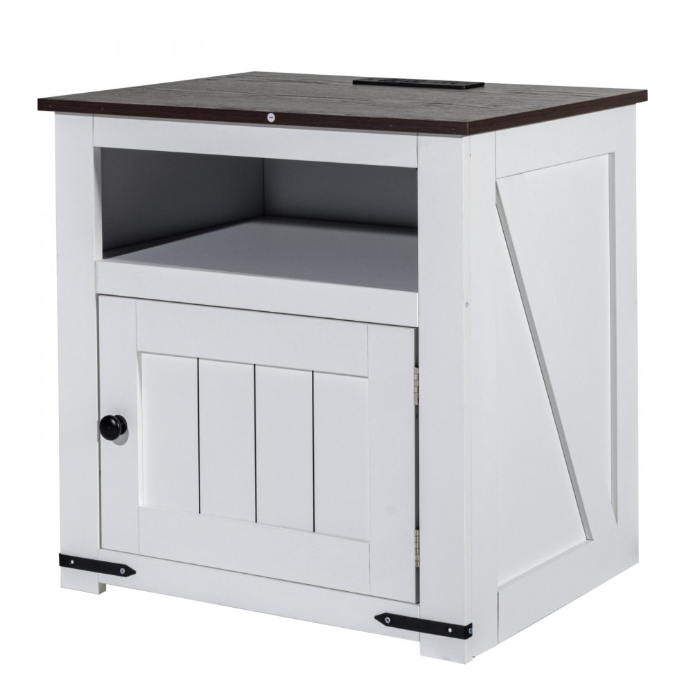 VEVOR Farmhouse End Table, Square Night Stand with USB Ports and Outlets, 3 Tiers End Table Side Table with Storage Cabinet, Ideal for Living Room, Bedroom, Office, White