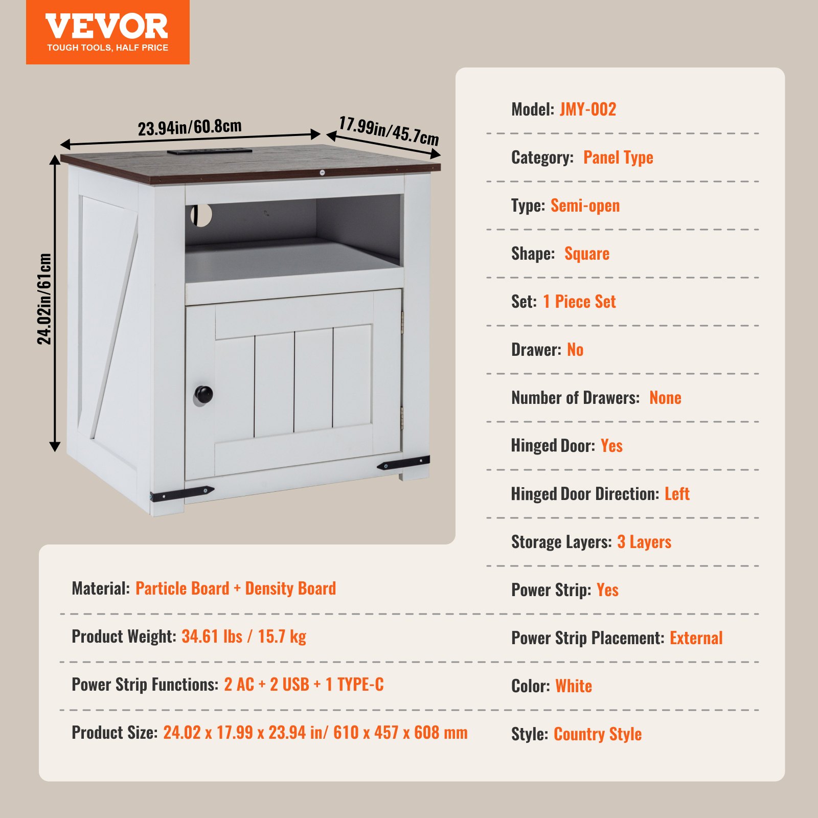 VEVOR Farmhouse End Table, Square Night Stand with USB Ports and Outlets, 3 Tiers End Table Side Table with Storage Cabinet, Ideal for Living Room, Bedroom, Office, White