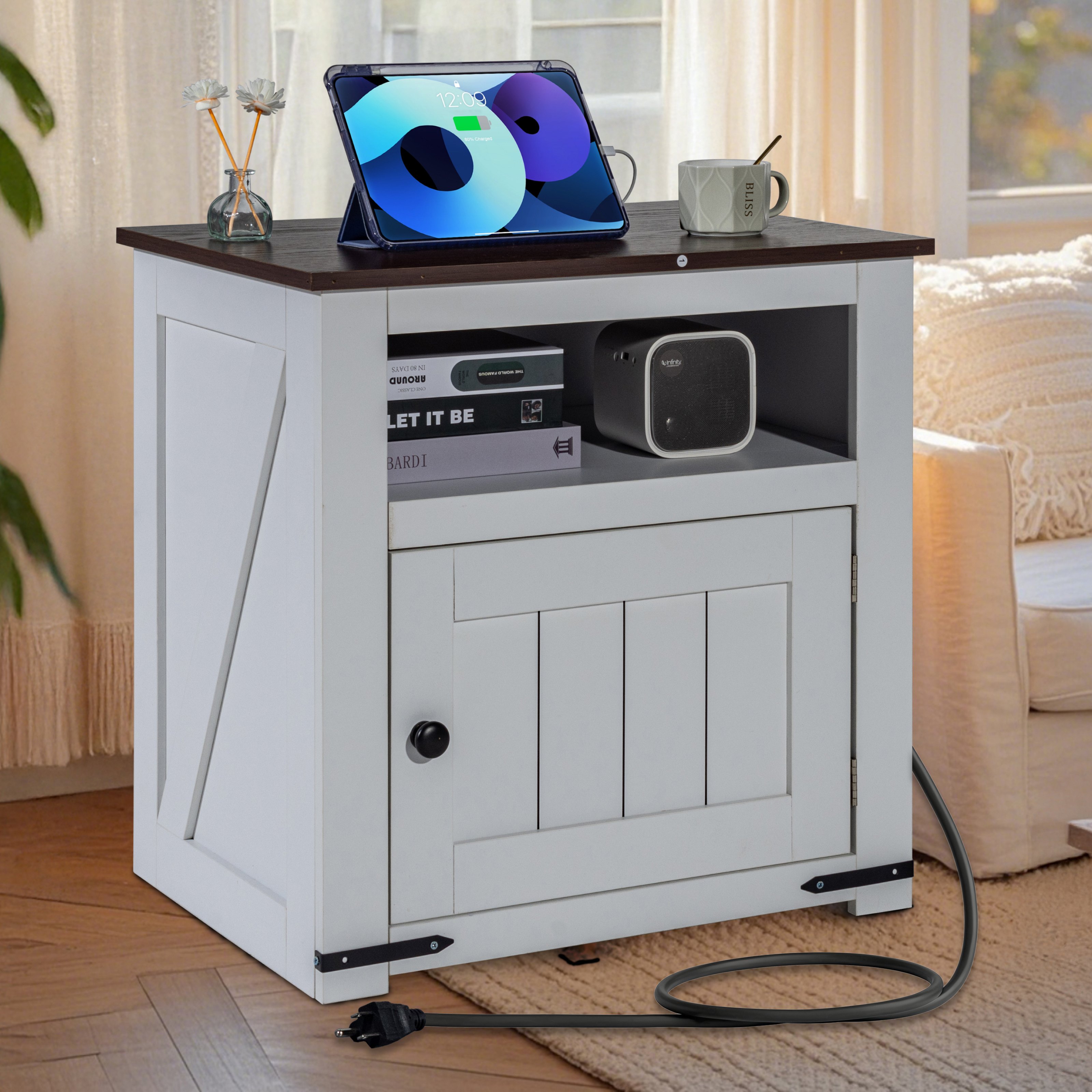 VEVOR Farmhouse End Table, Square Night Stand with USB Ports and Outlets, 3 Tiers End Table Side Table with Storage Cabinet, Ideal for Living Room, Bedroom, Office, White