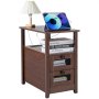 Farmhouse End Table Narrow Night Stand with USB Ports and Outlets Brown