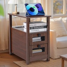 Farmhouse End Table Narrow Night Stand with USB Ports and Outlets Brown