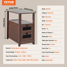 VEVOR Farmhouse End Table, Narrow Night Stand with USB Ports and Outlets, 4 Tiers End Table Side Table Coffee Table with Storage Cabinet and 2 Drawers, Ideal for Living Room, Bedroom, Office, Brown