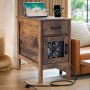 VEVOR Farmhouse End Table, Nightstand with Charging Station, 3 Tiers End Table with Storage Cabinet and 1 Drawer, Side Table with USB Ports and Outlets, Ideal for Living Room, Bedroom, Burlywood