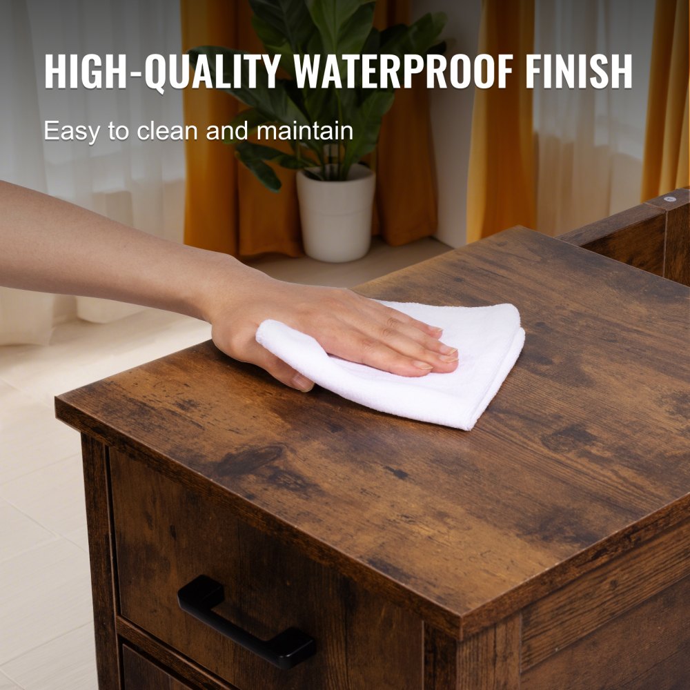 Mesa lateral VEVOR Farmhouse, criado-mudo com portas e tomadas USB, mesa lateral de 3 níveis com armário de armazenamento e 1 gaveta, ideal para sala de estar, quarto, escritório, Burlywood