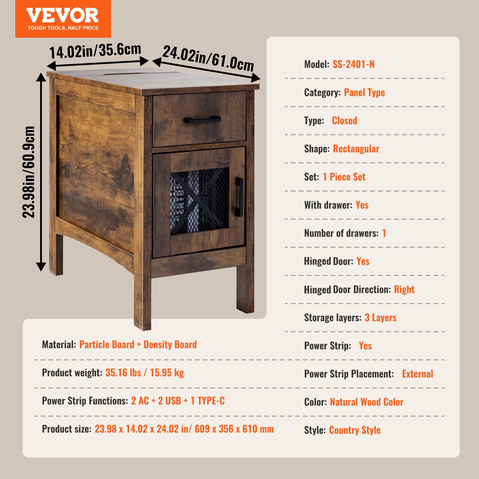 Mesa lateral VEVOR Farmhouse, criado-mudo com portas e tomadas USB, mesa lateral de 3 níveis com armário de armazenamento e 1 gaveta, ideal para sala de estar, quarto, escritório, Burlywood