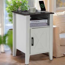 Farmhouse End Table Night Stand with USB Outlets LED Light Set of 2 White