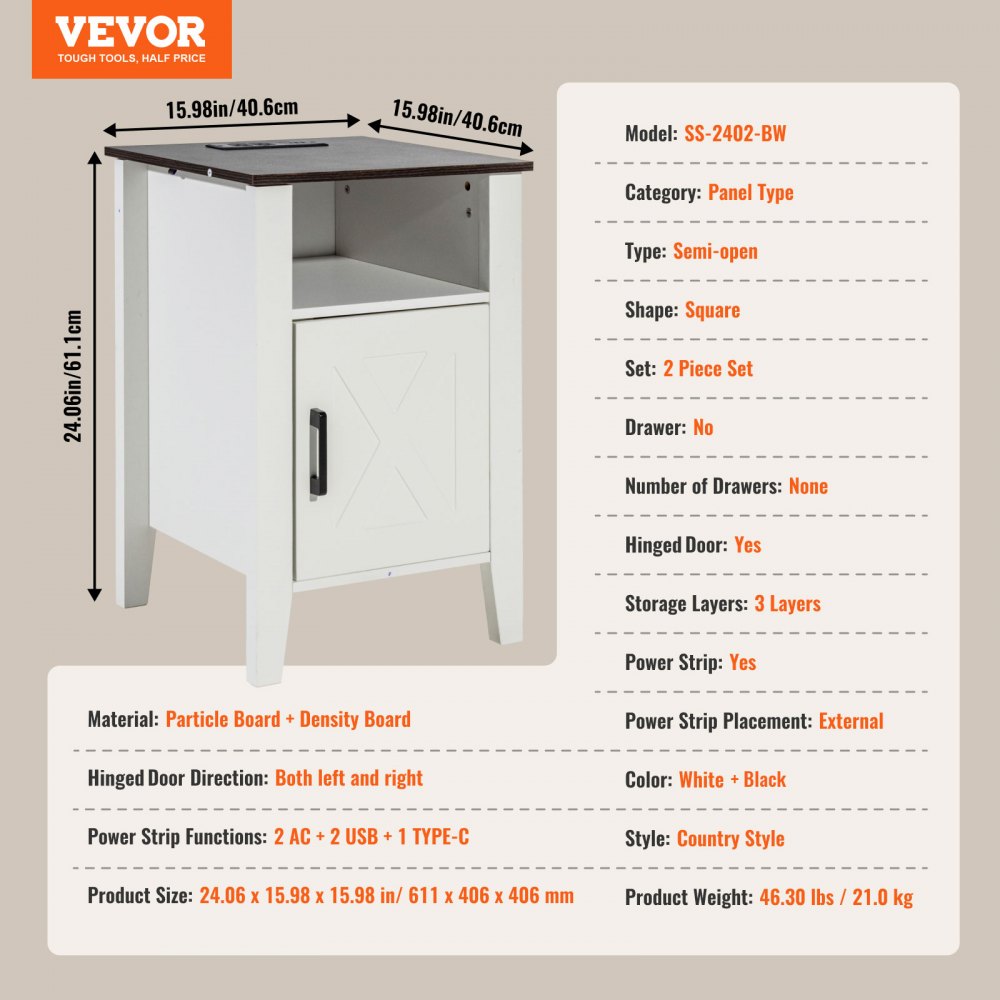 VEVOR Farmhouse End Table, Set of 2, Square Night Stand with USB Ports and Outlets, 3 Tiers End Table Side Table with Storage Cabinet and LED Lights, Ideal for Living Room, Bedroom, Office, White