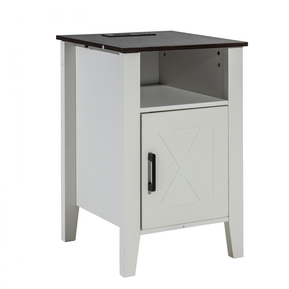 VEVOR Farmhouse End Table, Set of 2, Square Night Stand with USB Ports and Outlets, 3 Tiers End Table Side Table with Storage Cabinet and LED Lights, Ideal for Living Room, Bedroom, Office, White
