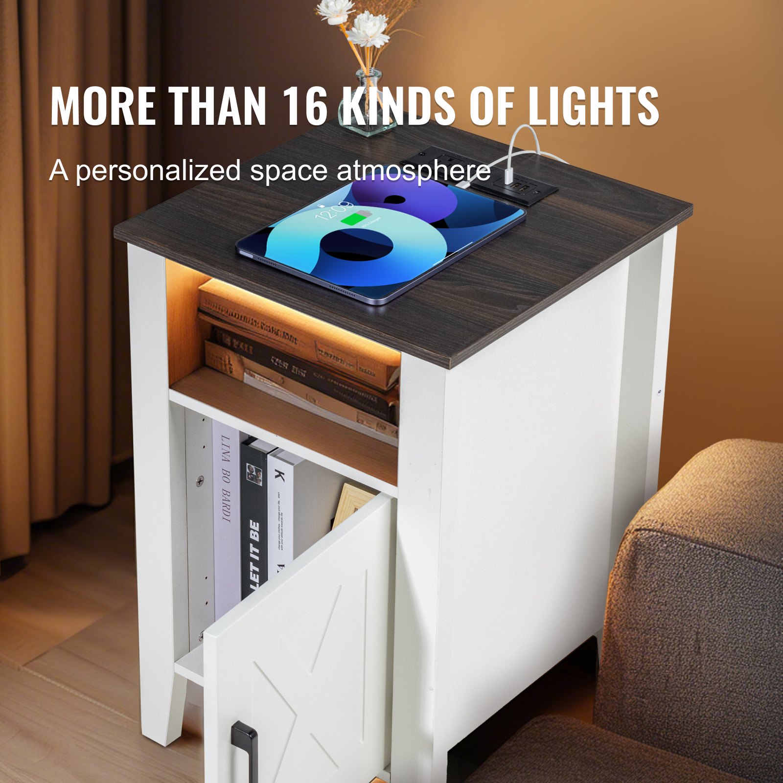 VEVOR Farmhouse End Table, Set of 2, Square Night Stand with USB Ports and Outlets, 3 Tiers End Table Side Table with Storage Cabinet and LED Lights, Ideal for Living Room, Bedroom, Office, White