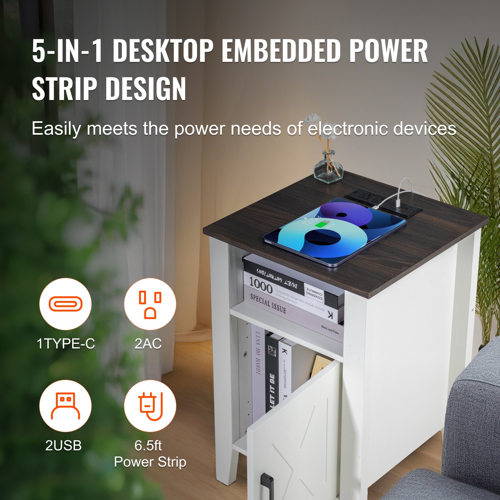VEVOR Farmhouse End Table, Set of 2, Square Night Stand with USB Ports and Outlets, 3 Tiers End Table Side Table with Storage Cabinet and LED Lights, Ideal for Living Room, Bedroom, Office, White