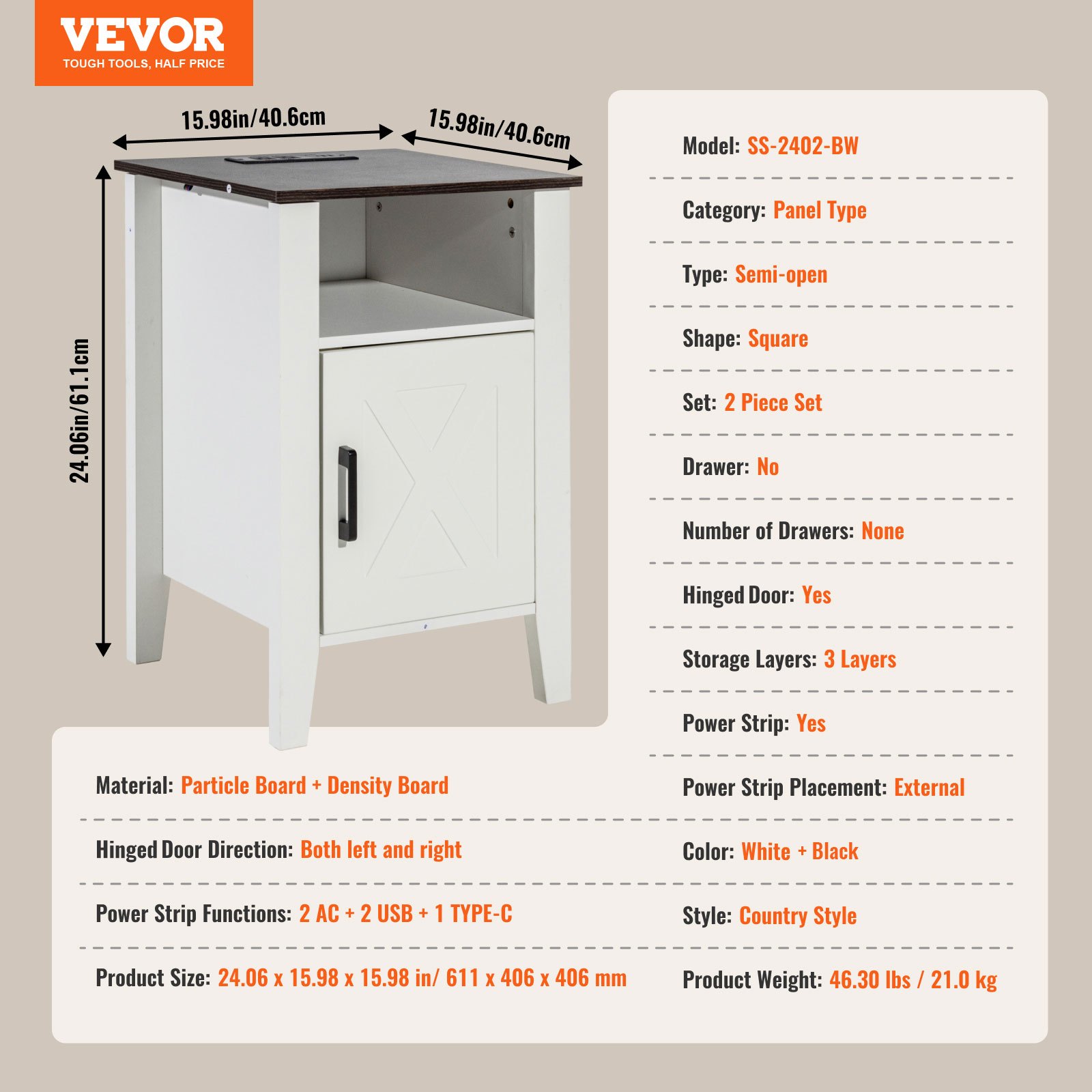 VEVOR Farmhouse End Table, Set of 2, Square Night Stand with USB Ports and Outlets, 3 Tiers End Table Side Table with Storage Cabinet and LED Lights, Ideal for Living Room, Bedroom, Office, White