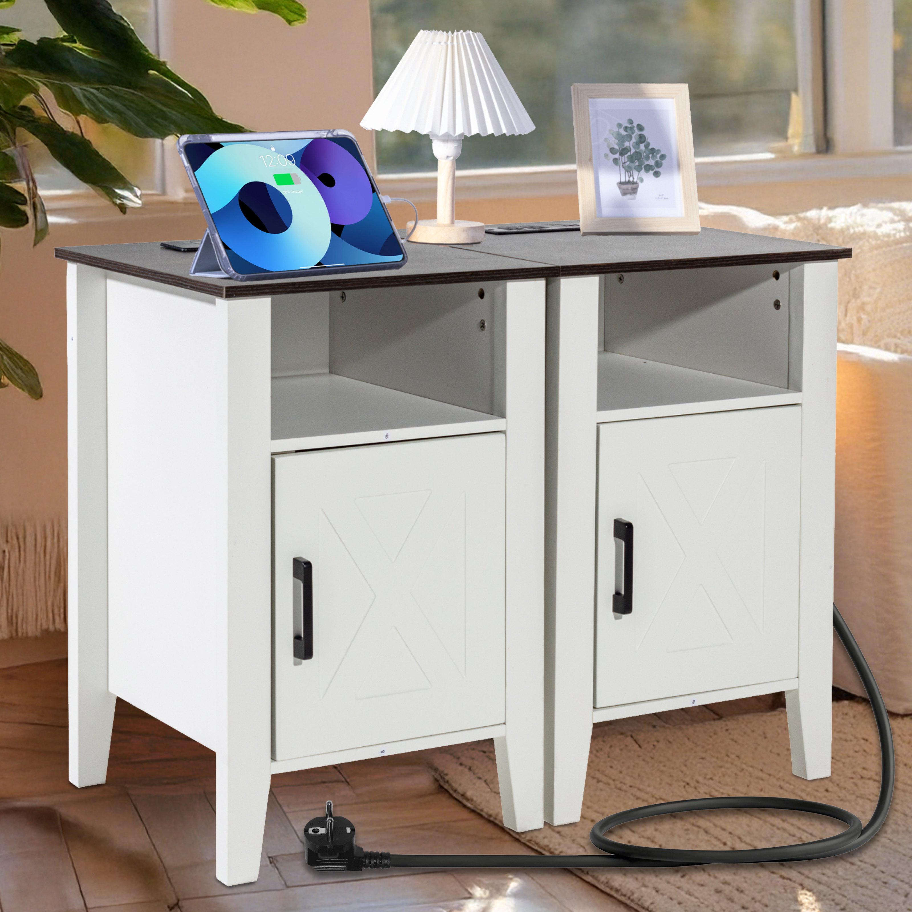 VEVOR Farmhouse End Table, Set of 2, Square Night Stand with USB Ports and Outlets, 3 Tiers End Table Side Table with Storage Cabinet and LED Lights, Ideal for Living Room, Bedroom, Office, White