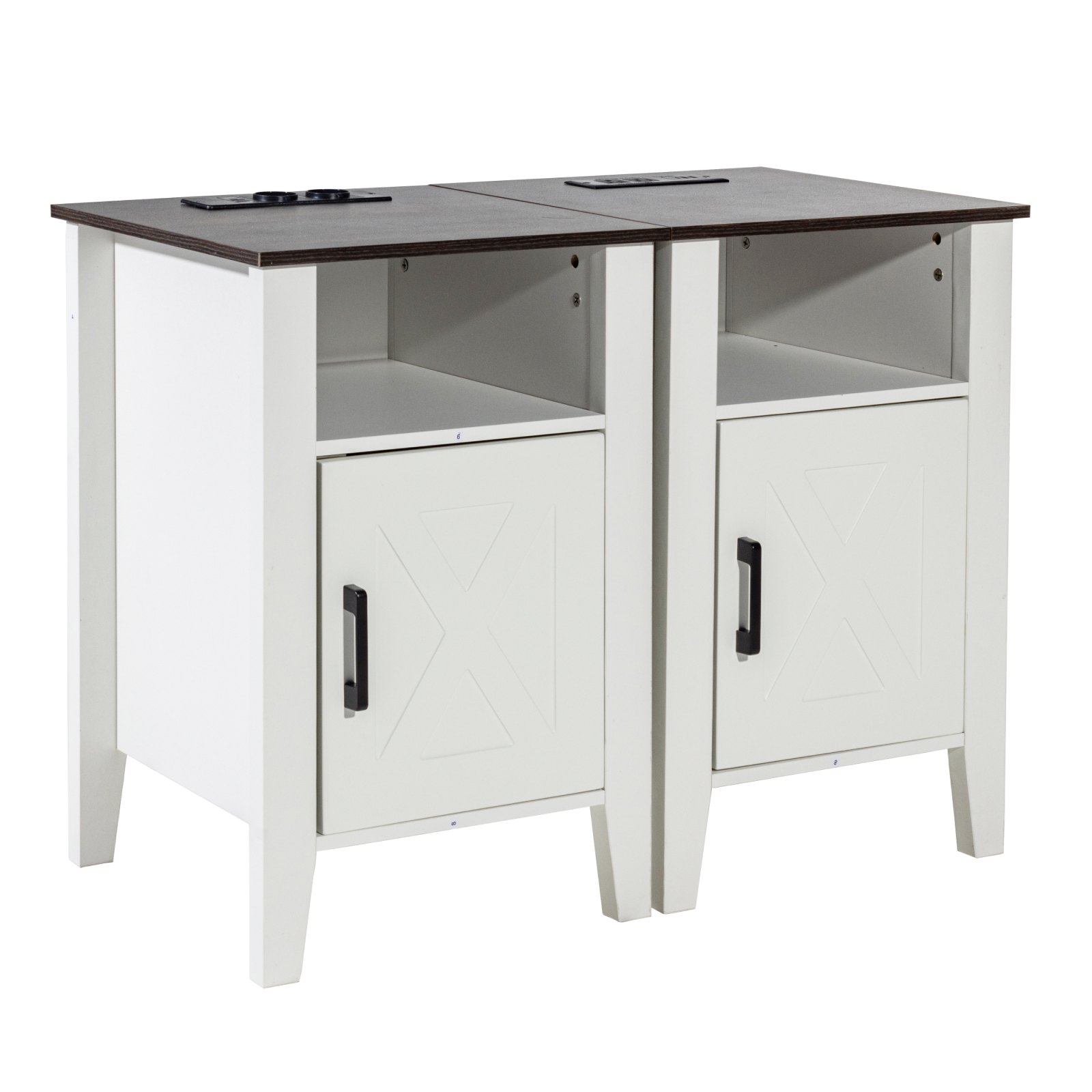 VEVOR Farmhouse End Table, Set of 2, Square Night Stand with USB Ports and Outlets, 3 Tiers End Table Side Table with Storage Cabinet and LED Lights, Ideal for Living Room, Bedroom, Office, White