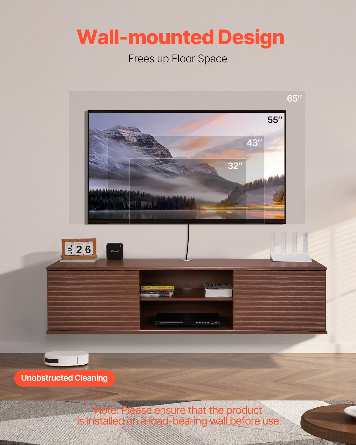VEVOR Floating TV Stand, 60" Wall Mount Entertainment Center with Adjustable Shelf & Sliding Doors, 2 Tiers Floating TV Shelf with Storage Cabinet for DVD Player, Cable Box, Game Console, Walnut