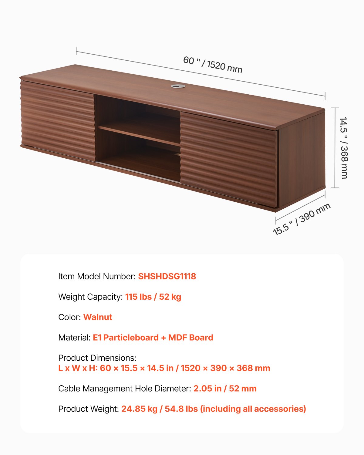 VEVOR Floating TV Stand, 60" Wall Mount Entertainment Center with Adjustable Shelf & Sliding Doors, 2 Tiers Floating TV Shelf with Storage Cabinet for DVD Player, Cable Box, Game Console, Walnut