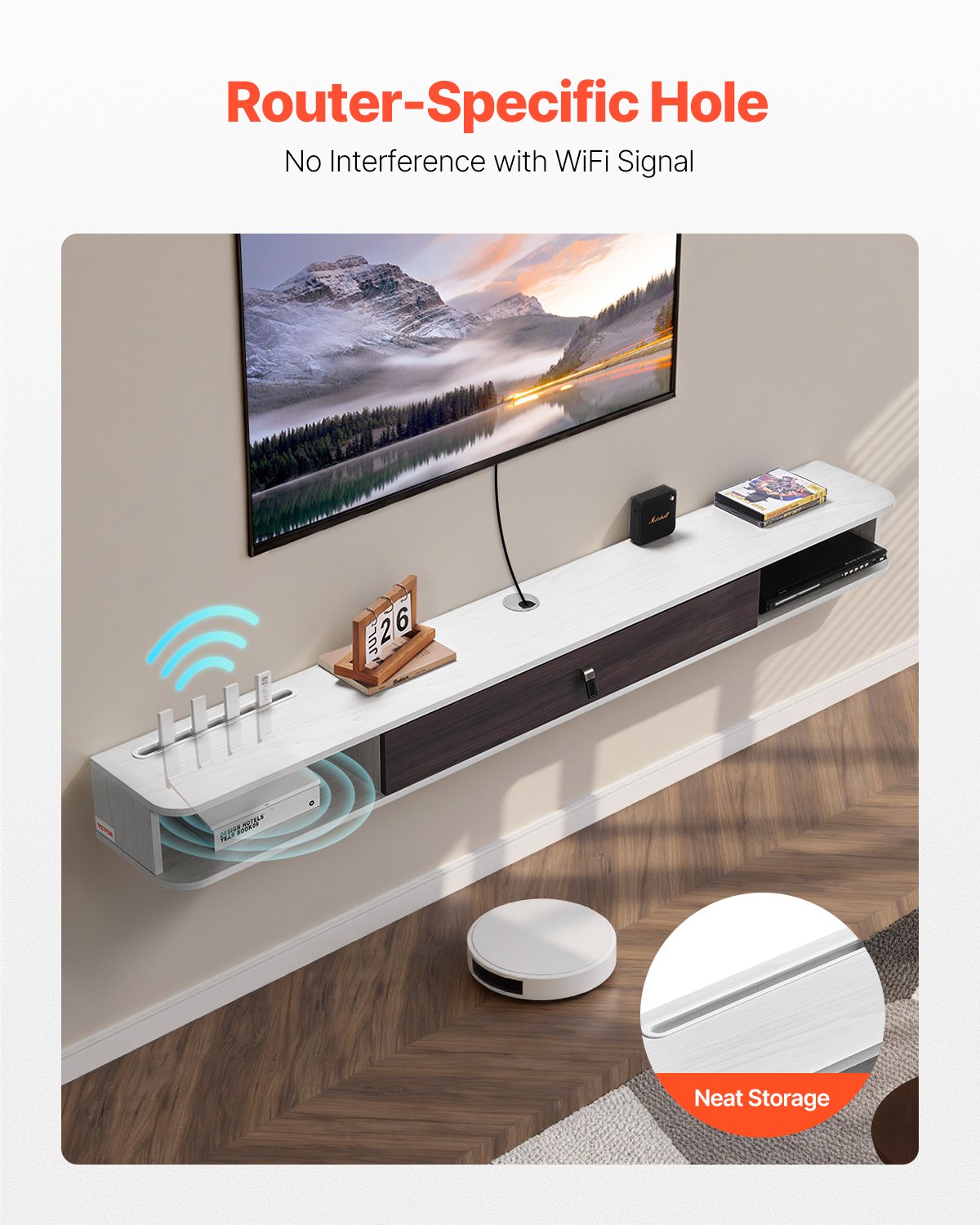 VEVOR Floating TV Stand, 70 in Wall Mount Entertainment Center with Cable Hole, Modern Floating TV Shelf with Storage Cabinet, Particle Board Console for DVD Player, Cable Box, Game Console, White