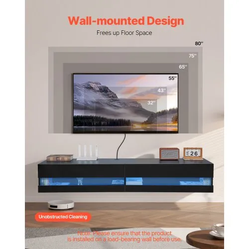 ANTISTA Soporte Flotante De Madera Maciza Para TV Con Iluminación LED Y Toma De Corriente, Centro De Entretenimiento De Alto Brillo De 71 Pulgadas Montado En La Pared Con Almacenamiento, Consola