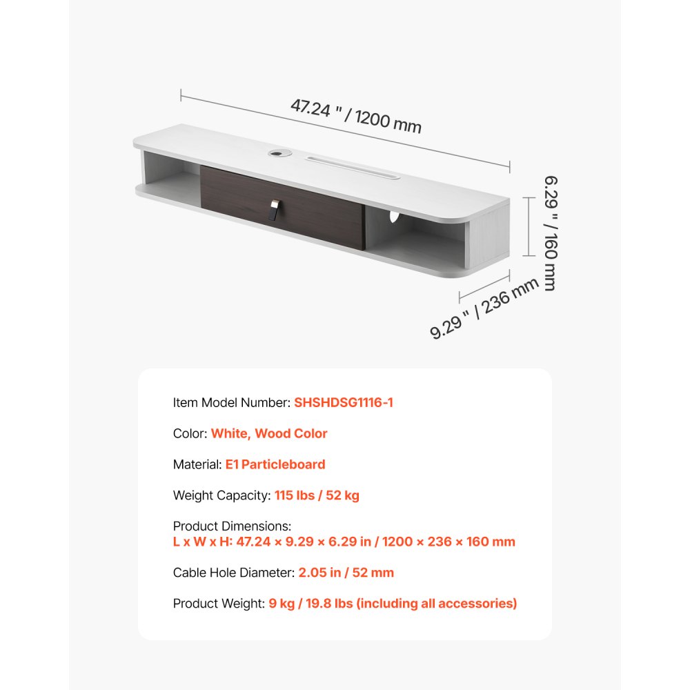 VEVOR Floating TV Stand, 47 in Wall Mount Entertainment Center with Cable Hole, Modern Floating TV Shelf with Storage Cabinet, Particle Board Console for DVD Player, Cable Box, Game Console, White