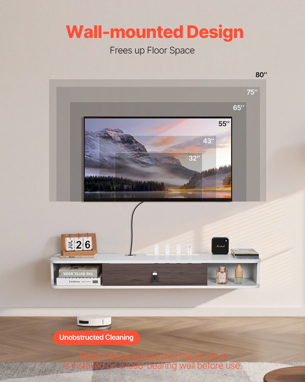 VEVOR Floating TV Stand, 47 in Wall Mount Entertainment Center with Cable Hole, Modern Floating TV Shelf with Storage Cabinet, Particle Board Console for DVD Player, Cable Box, Game Console, White