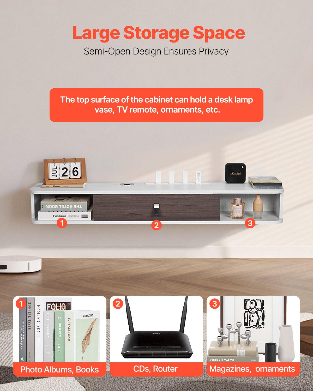 VEVOR Floating TV Stand, 47 in Wall Mount Entertainment Center with Cable Hole, Modern Floating TV Shelf with Storage Cabinet, Particle Board Console for DVD Player, Cable Box, Game Console, White