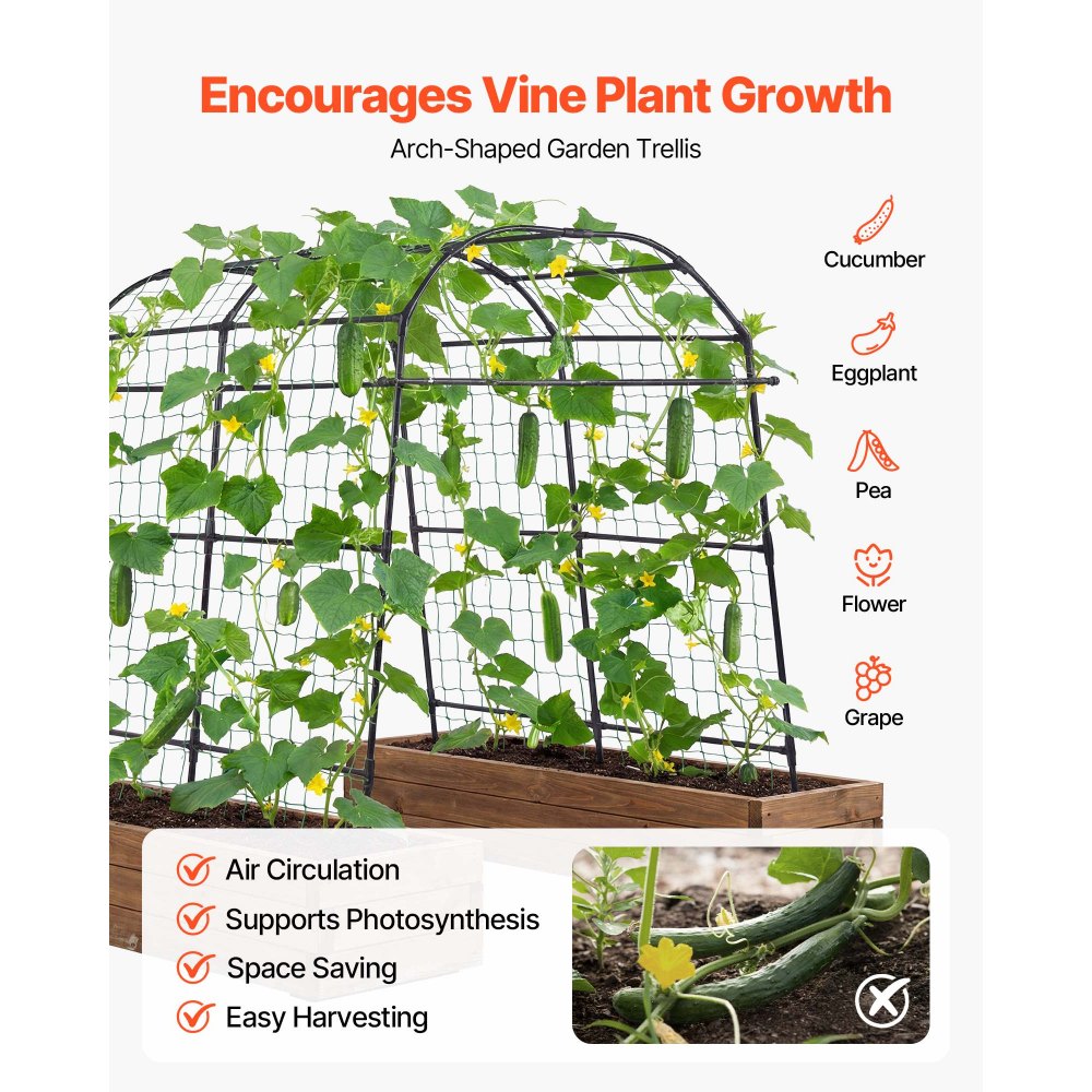 VEVOR Cucumber Trellis, U-Shape Garden Trellises for Raised Bed, Metal Arch Plant Support for Vine, Climbing Plants Outdoor, Peas, Beans, Zucchini, Tomato, Squash, Flower (1800 x 1120 x 2108 mm)