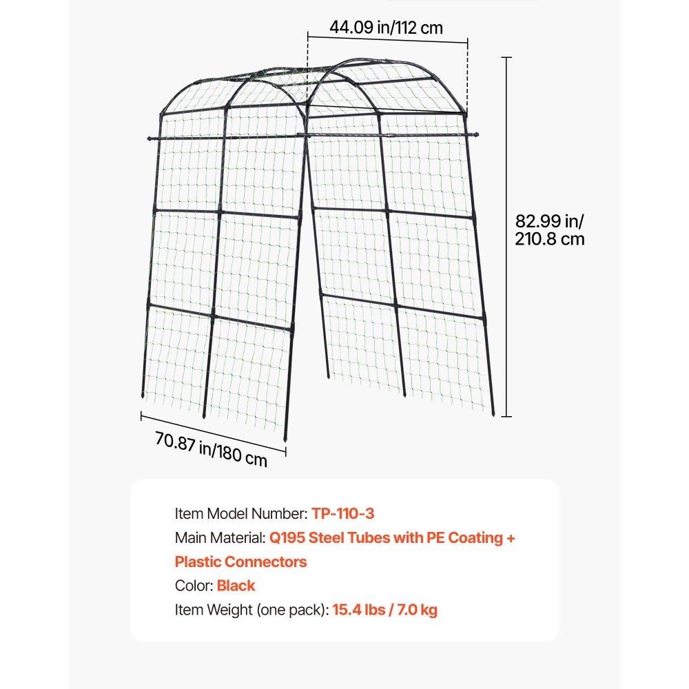 VEVOR Cucumber Trellis, U-Shape Garden Trellises for Raised Bed, Metal Arch Plant Support for Vine, Climbing Plants Outdoor, Peas, Beans, Zucchini, Tomato, Squash, Flower (1800 x 1120 x 2108 mm)