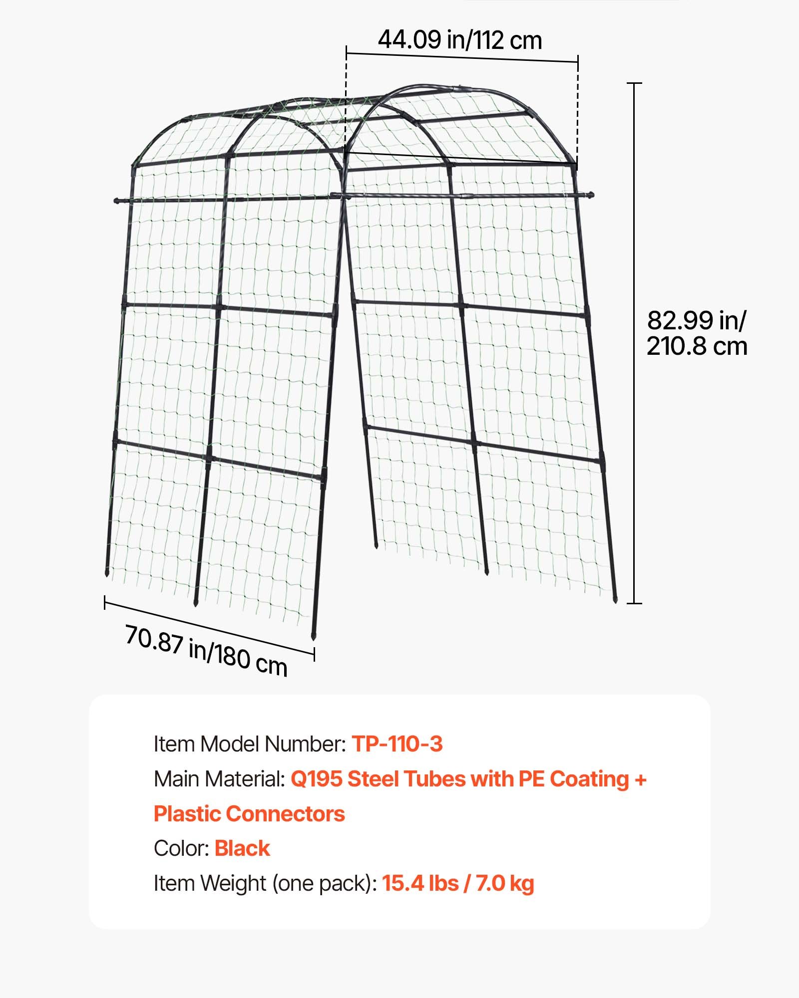 VEVOR Cucumber Trellis, U-Shape Garden Trellises for Raised Bed, Metal Arch Plant Support for Vine, Climbing Plants Outdoor, Peas, Beans, Zucchini, Tomato, Squash, Flower (1800 x 1120 x 2108 mm)