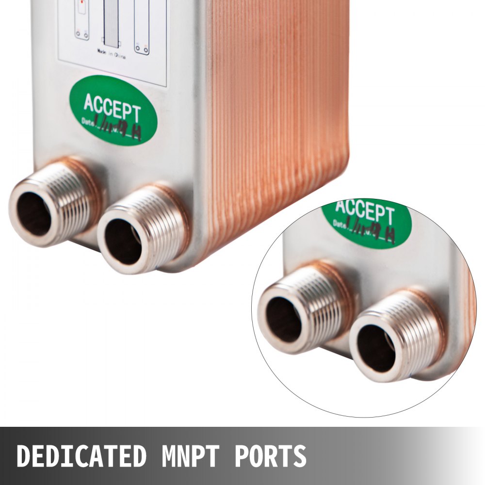 VEVOR heat exchanger with dedicated mnpt ports and a green accept label.