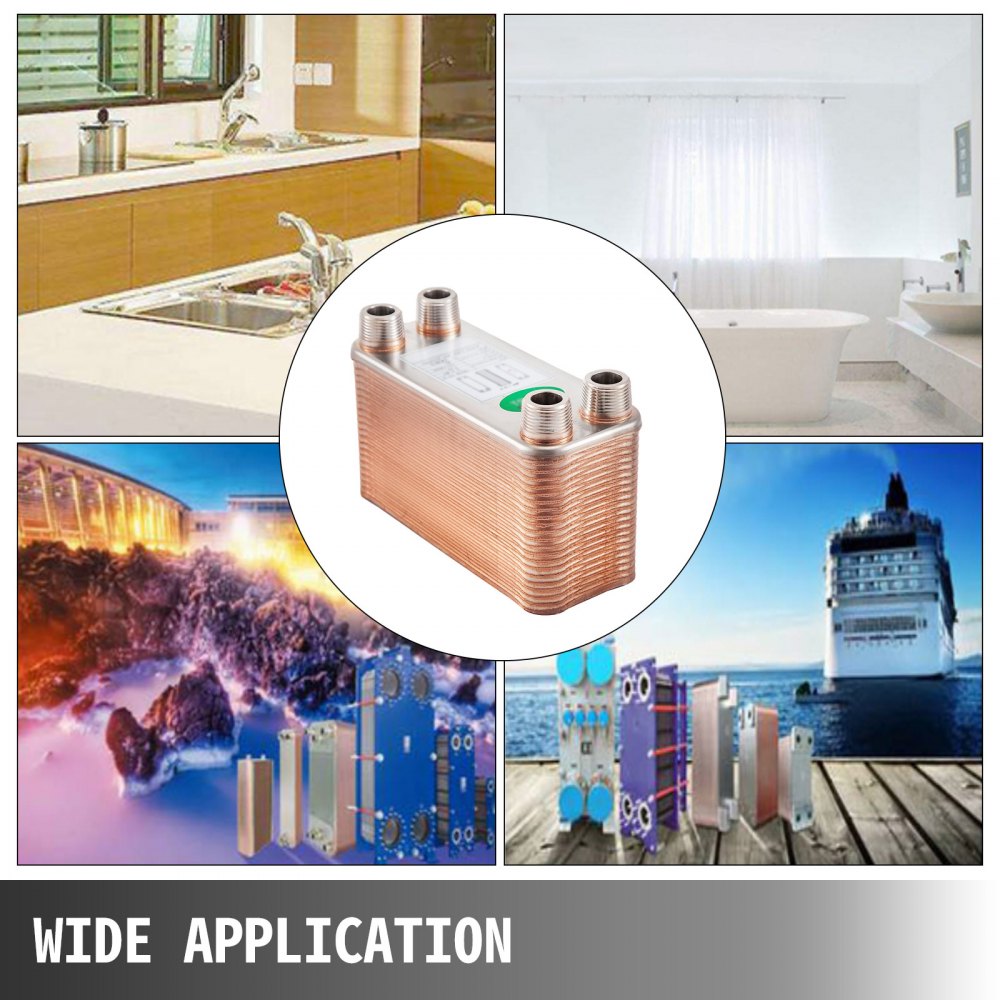 VEVOR heat exchanger applications in kitchen, bathroom, pool, and maritime settings.