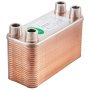 copper VEVOR heat exchanger with four threaded connectors on a white background.