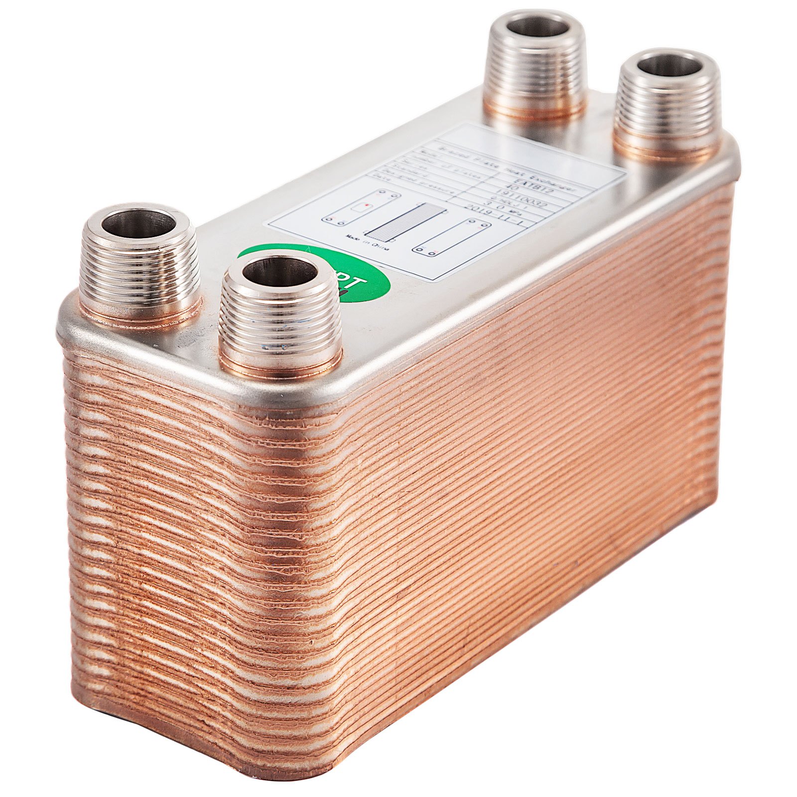copper VEVOR heat exchanger with four threaded connectors on a white background.